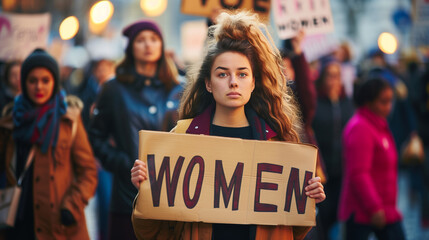 A group of diverse women holding signs with the text 