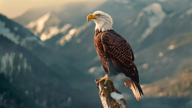 Bald eagle perched on a branch with mountain background. Wildlife portrait with golden hour lighting