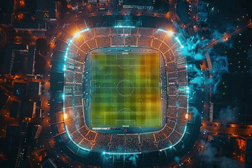 Aerial view of the football stadium. Football training in the illuminated stadium at night.