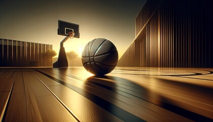 Basketball scene at sunset with modern ball on shiny wooden court. Basketball rests on a polished court as sunset casts golden shadows. - obrazy, fototapety, plakaty