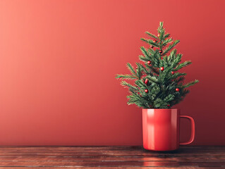 Simplistic Christmas Pine Tree Placed in Red Mug, Contemporary Holiday Decoration Idea, 3D Render
