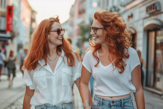 A photo of two happy women walking in the city. Carrying backpacks and smiling at each other while talking about something funny on their way home from school.