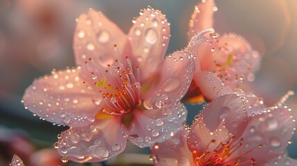 Close-up of cherry blossoms with dew drops, bright day, natural light