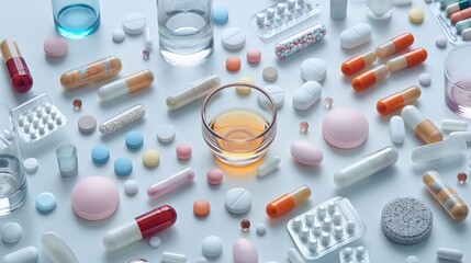 High key photo of diverse medication on white background