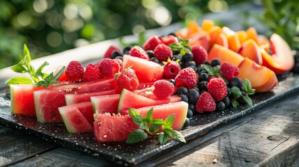 an image of a summer fruit platter with slices of watermelon, peaches, and berries, arranged in an inviting and artistic manner, set outdoors on a picnic table with natural lighting. - obrazy, fototapety, plakaty