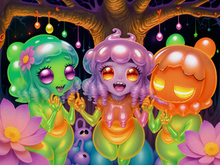 Cute Slime Creatures Celebrating, Oil Painting - 768023054