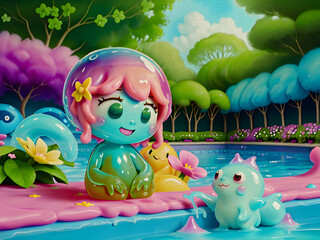 Cute Slime Creatures on Swimming Pool, Oil Painting - 768023068
