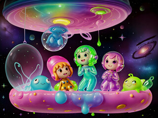 Cute Slime Creatures in Outerspace, Oil Painting - 768023070