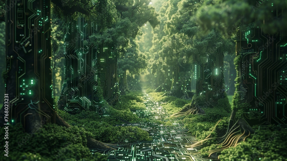 Aufkleber an image that fuses digital and natural worlds, showing a forest where the trees are made of circuit