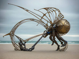 Kinetic sculpture propelled by wind on beach, Oil Painting - 768023245