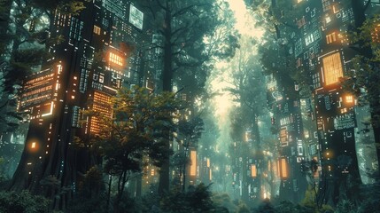 an image that fuses digital and natural worlds, showing a forest where the trees are made of circuitry and digital screens, highlighting the intersection of technology and the environment.