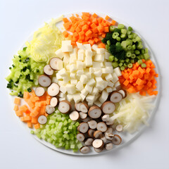 Pile of frozen mix of sliced champignons, diced carrot, diced potato, sliced celery, diced onion, sliced leek on  white background