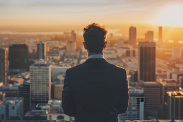 Visionary Dusk: Businessman Observing Cityscape at Sunset