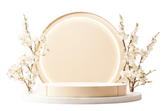 cosmetics spring blooming Front
 beige pastel platform white product flowers tree geometric background Round branch podium presentation stand poduim dais spring flower white platform blossom beige - Powered by Adobe