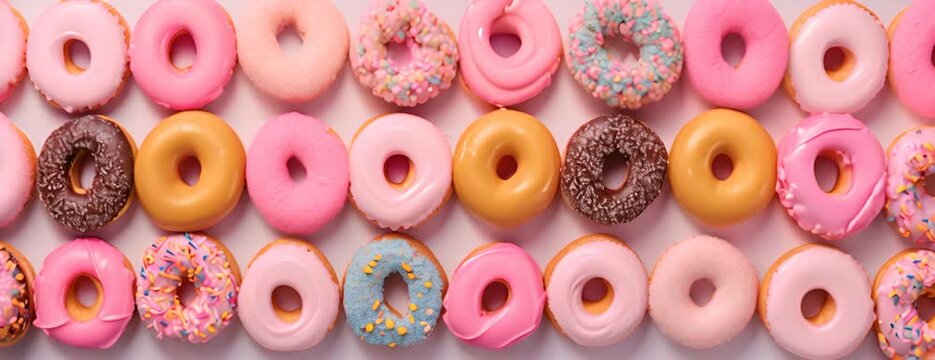 Creative food baker bake bakery background banner panorama wallpaper, seamless pattern texture - Top view of many colorful pink sweet delicious donuts 4K Video