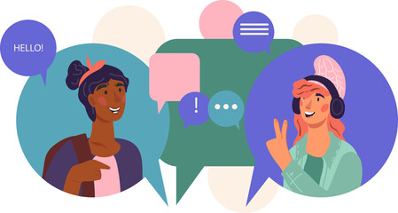 Online chat and social network. Social media and internet communication technology concept with cartoon characters in speech bubbles.