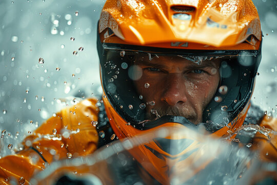 Capturing the essence of jet-skiing, this action portrait features the thrill of riding the open sea, highlighted by water splashes in a high-dynamic-range cyberpunk style.