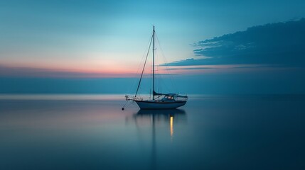 Fototapeta premium Distant yacht on tranquil waters under a dusky sky