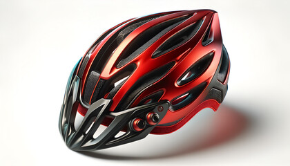 Vibrant Red Cyclist's Helmet: 3D Rendering with Black Details, 3D Render of Dynamic Red Cycling Helmet with Black Mesh Strap, Aerodynamic Cyclist Helmet: Vibrant Red