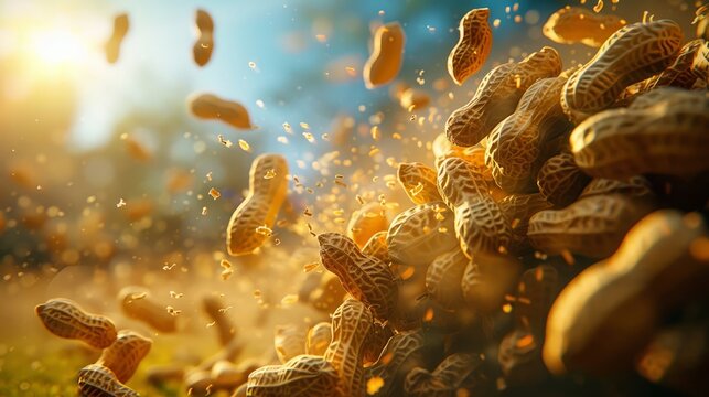 Sunlit cascade of peanuts and shells in a mid-air dance