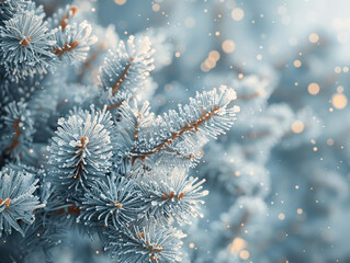 Close-Up of Frosty Pine Branches, Cool Winter Tones for a Seasonal Background, 3D Render - obrazy, fototapety, plakaty