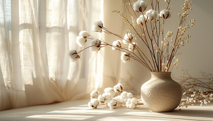 Sunny morning cotton vase interior. Still-life room interior near the window with cotton flowers.