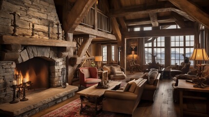 Rustic hand-carved alpine ski chalet with massive wood beams, cozy bunkrooms, stone accents and charming patio with mountain views