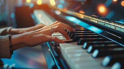 Close up woman hand playing piano