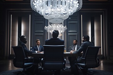 a group of men sitting around a table - obrazy, fototapety, plakaty