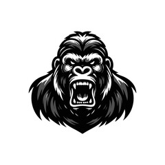 Black and white logo of an angry gorilla isolated on a white background. Vector illustration of an ape head suitable for tattoos, logos, brands.
