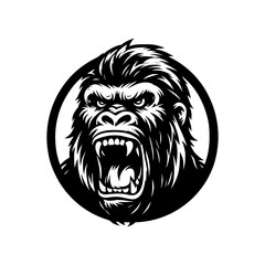 Black and white logo of an angry gorilla isolated on a white background. Vector illustration of an ape head suitable for tattoos, logos, brands.