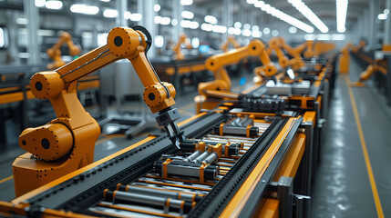An automated manufacturing line where AI systems oversee and optimize production, robotic arms assemble products with precision while AI monitors quality control, predictive maintenance, and supply 