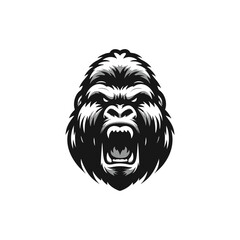 Black and white logo of an angry gorilla isolated on a white background. Vector illustration of an ape head suitable for tattoos, logos, brands.