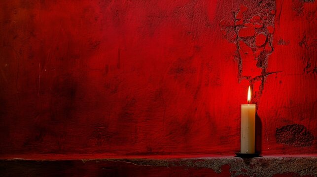 A dramatic setting of a lone candle against a cracked red wall, casting a soft glow that emphasizes the textures and imperfections.