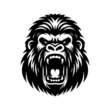 Black and white logo of an angry gorilla isolated on a white background. Vector illustration of an ape head suitable for tattoos, logos, brands.