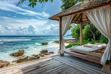 Obraz premium Experience ultimate tranquility in a luxurious beachfront oasis surrounded by palm trees, crystal clear waters, and warm golden sands