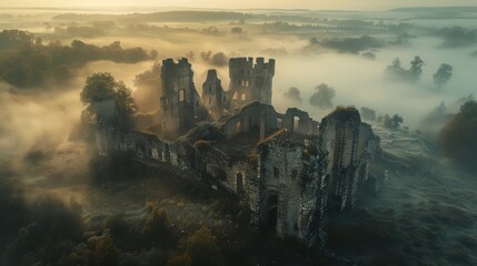 Historic castle ruins from a drone's eye view, early morning mist adding a mysterious vibe, high-resolution for history and architecture publications.