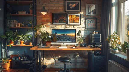 Home office corner with DIY standing desk, motivational quotes on the wall, fitness equipment for quick workouts. Energetic, health-focused. - obrazy, fototapety, plakaty