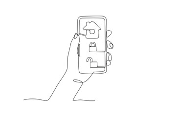 hand holding a cellphone while looking at the electric home menu.Individual monitoring home electricity one-line drawing