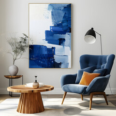 Blue armchair near wooden long coffee table against of white wall with big art canvas poster frame. Mid-century interior design of modern living room. 3d render.