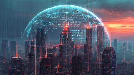 Illustrate a digital city under a protective dome with symbols of the NIS2 Directive and Cyber Resilience Act engraved on it, signifying the security and compliance umbrella these regulations provide - obrazy, fototapety, plakaty