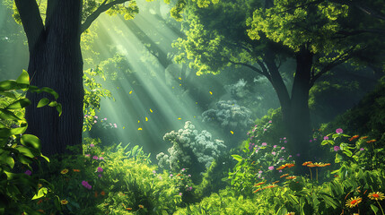 Obraz premium sun rays through the forest