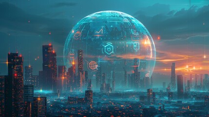Illustrate a digital city under a protective dome with symbols of the NIS2 Directive and Cyber Resilience Act engraved on it, signifying the security and compliance umbrella these regulations provide