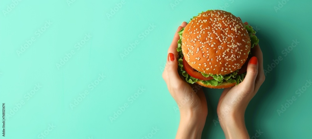 Aufkleber hands holding burger on soft colored background with ample space for text placement