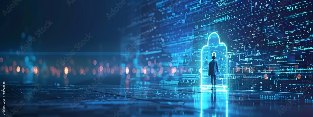 Poster illustrate cyber guardians monitoring and securing the gates of data flow between organizations, emp
