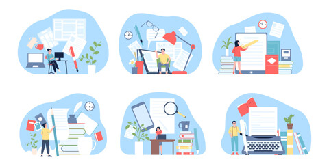 Creative authors working. Content creators, screenwriters and bloggers. Copywriters, social media managers and journalist, recent vector scenes