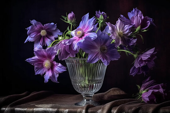 A vase of purple flowers sits on a table with a purple cloth.