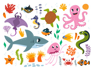 Fototapeta na wymiar Underwater characters. Sea life, ocean animals, fish and seaweed. Cartoon shark and turtle, octopus, marine star and seahorse, classy vector set