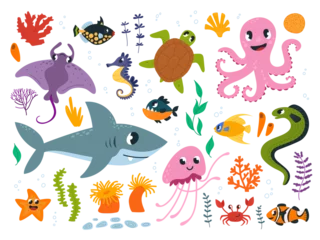 Fotobehang Onder de zee Underwater characters. Sea life, ocean animals, fish and seaweed. Cartoon shark and turtle, octopus, marine star and seahorse, classy vector set
