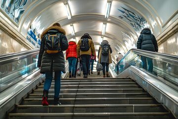 Guided transfer to subway in busy underground metro station setting - obrazy, fototapety, plakaty